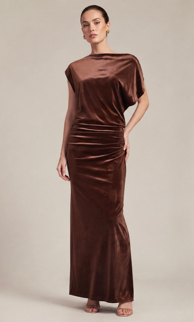 NWT $369 ME & THEE “Over And Out” Velvet Ruched Maxi Dress – Copper – US 4 / S