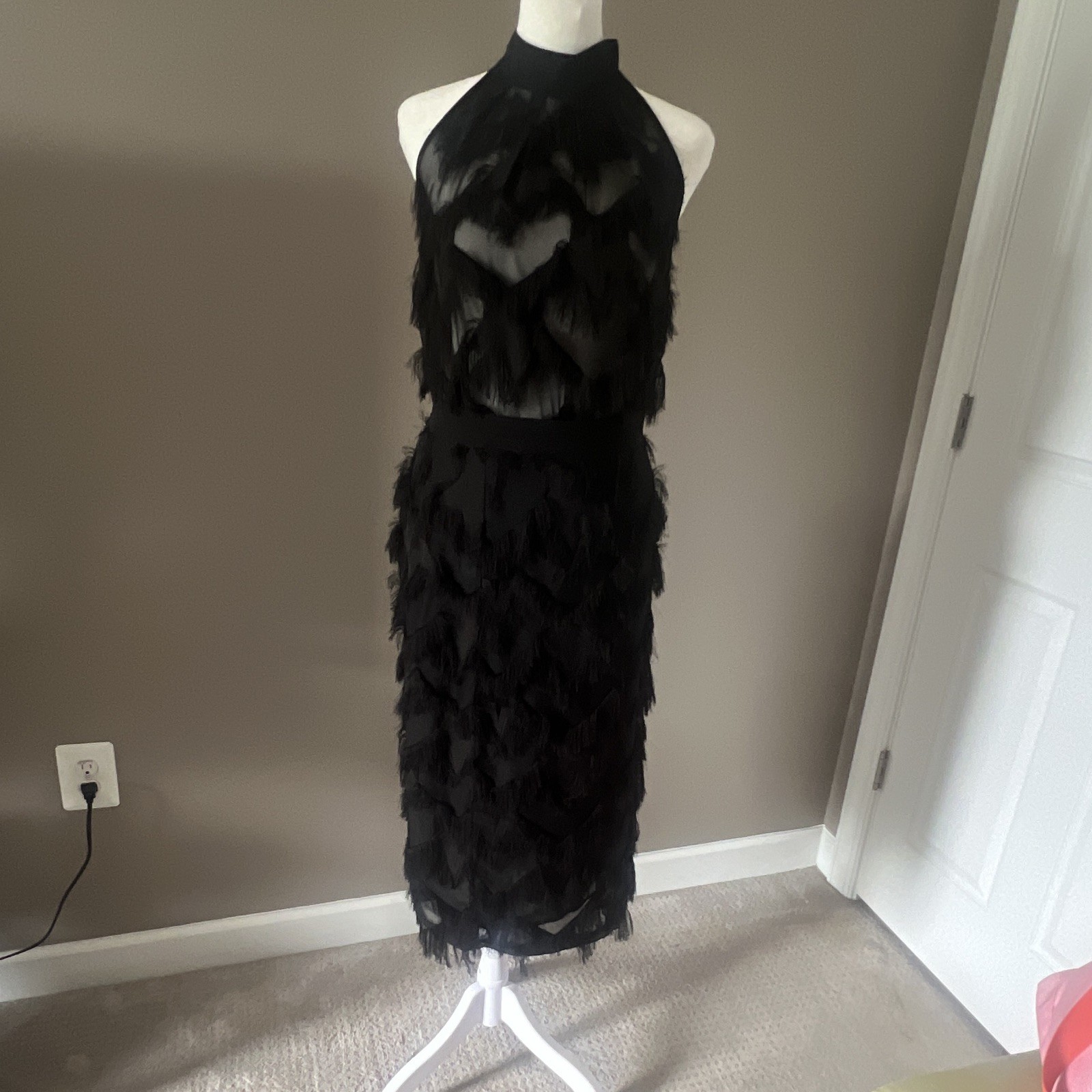 Marella Gattini Black Sheer Mesh Fringe Long Pencil Skirt High Rise 4