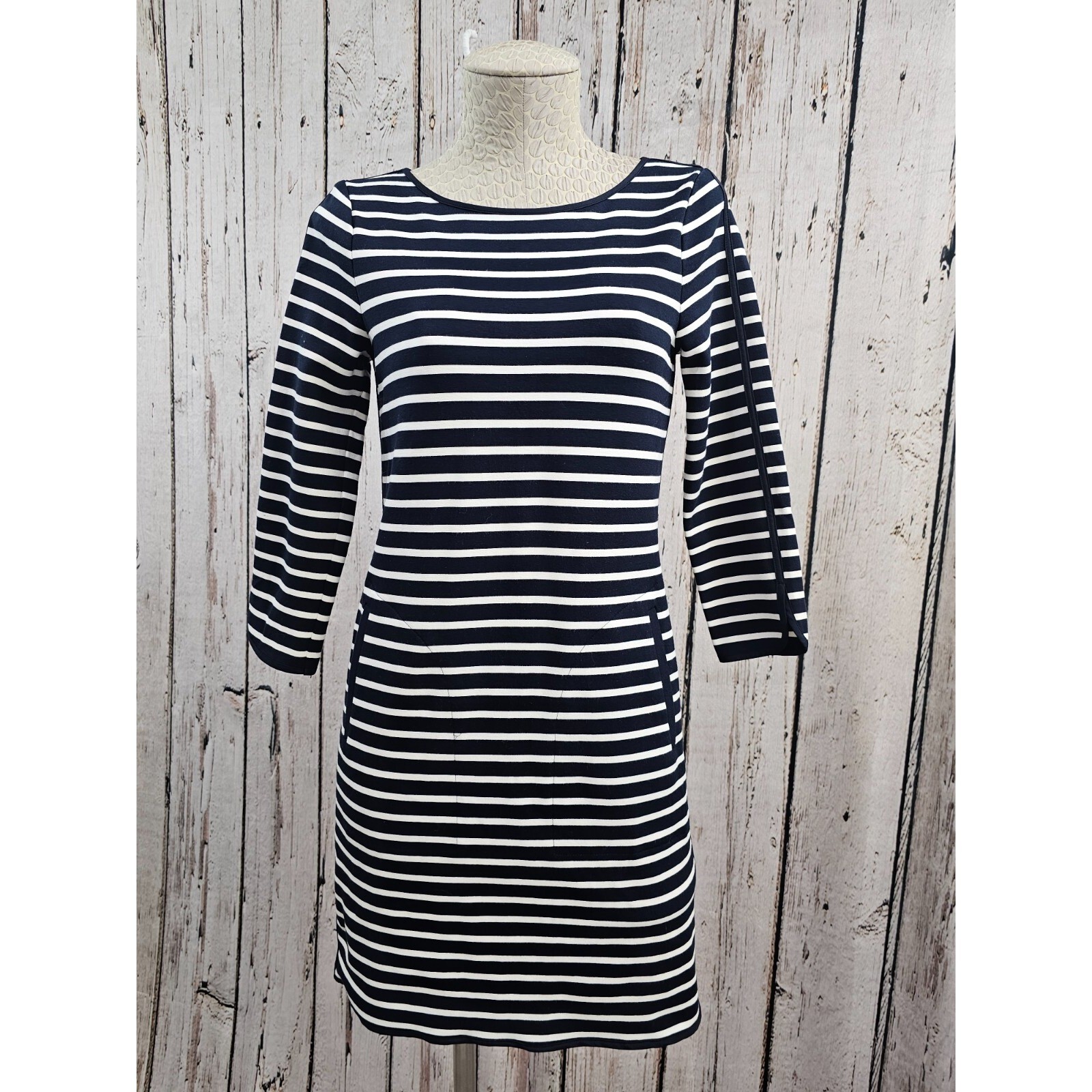 Lands’ End 2 Navy White Striped 3/4 Sleeve Shift Sheath Dress Nautical EUC