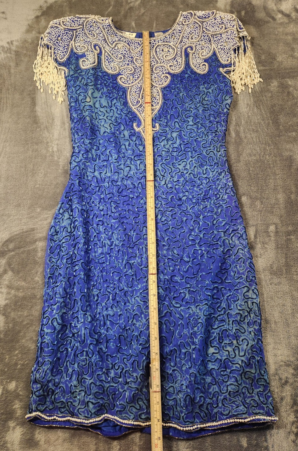 Scala Dress Womens Medium Blue Flapper Beaded Sequin Silk Short Fringe Z*