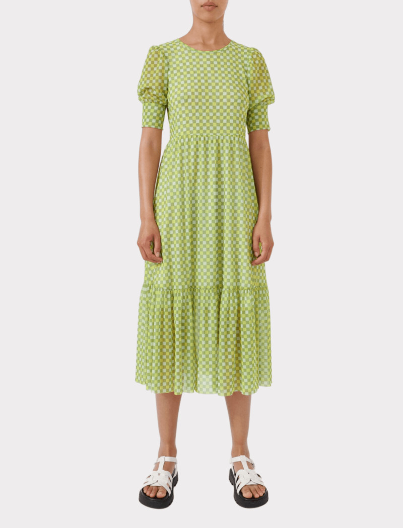 BAUM UND PFERDGARTEN Jocelyn Puff Sleeve Midi Tiered Mesh Green Check Sulphur XS