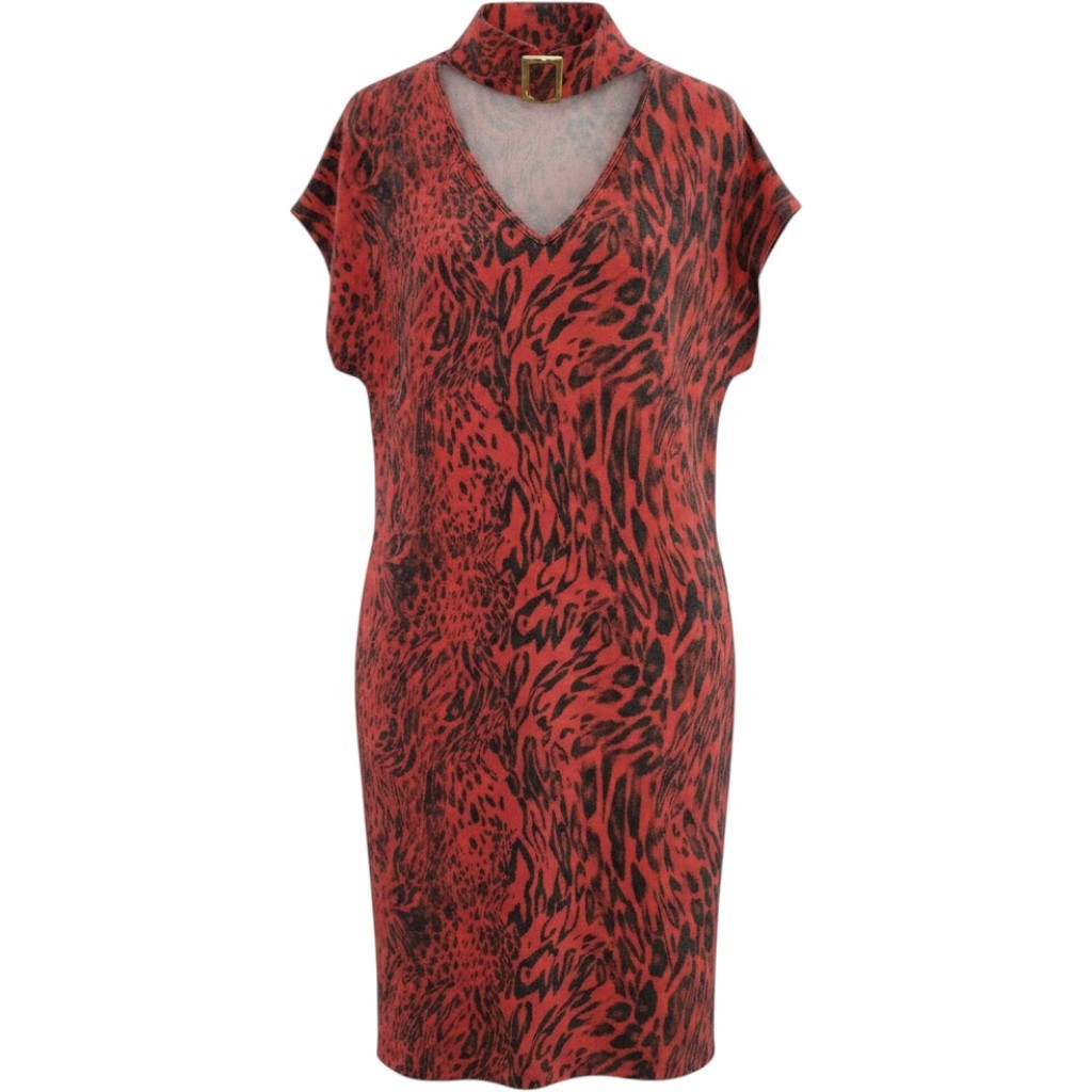 Stark X Red Animal Print Choker Neck Midi Dress Leopard V-Neck Medium
