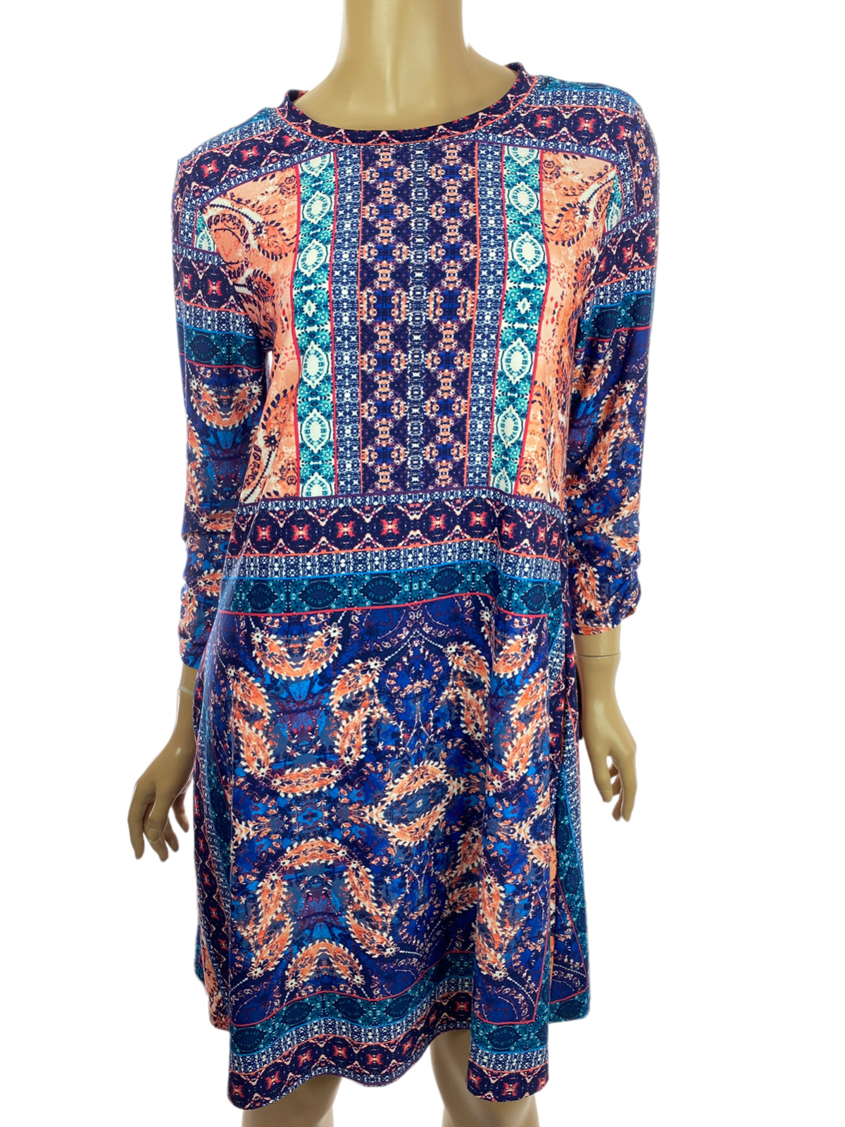 AGB Dress Shift Size M Multi-Color Blue/Orange 3/4 Sleeve Polyester/Spandex