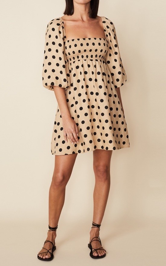 Faithfull the Brand Dallia Biscuit Emelda Dot Puff Sleeve Smocked Linen Dress 12