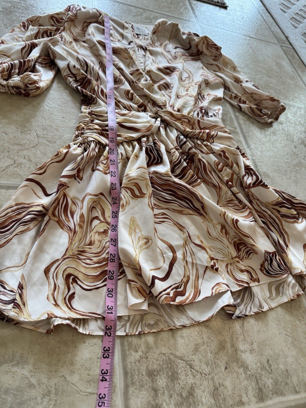 Misa Los Angeles Cream and Brown Marble Satin Mini Dress Women’s Small