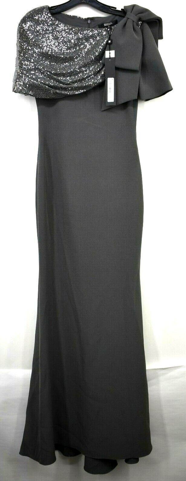 Badgley Mischka Women Asymmetrical Draped Sequin Bow Shoulder Evening Gown 0