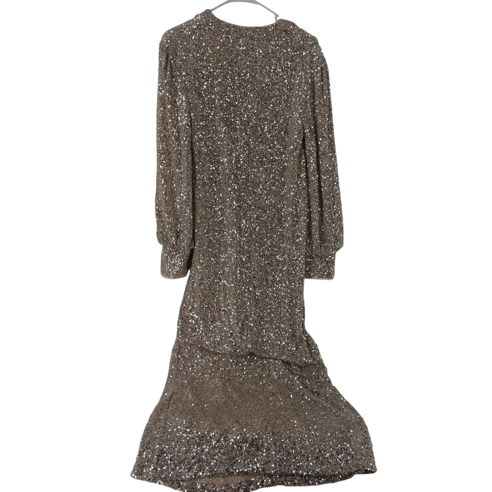 Modesees Women Champagne Gold Sequin Maxi Gown V-Neck Long Bishop Sleeve Size S
