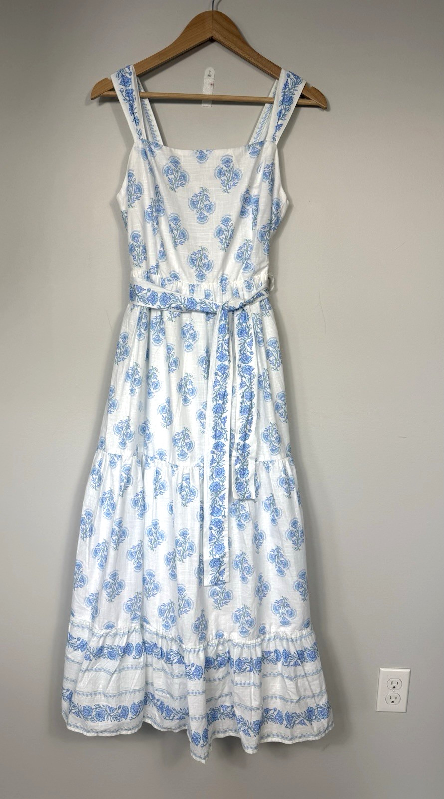 Haute Hippie Women Tiered Maxi Sundress Blue White Square Neck 100% Cotton Prep
