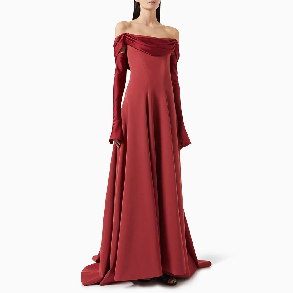Brown Evening Dresses Off Shoulder Long Sleeves Long A Line Backless Party Gowns