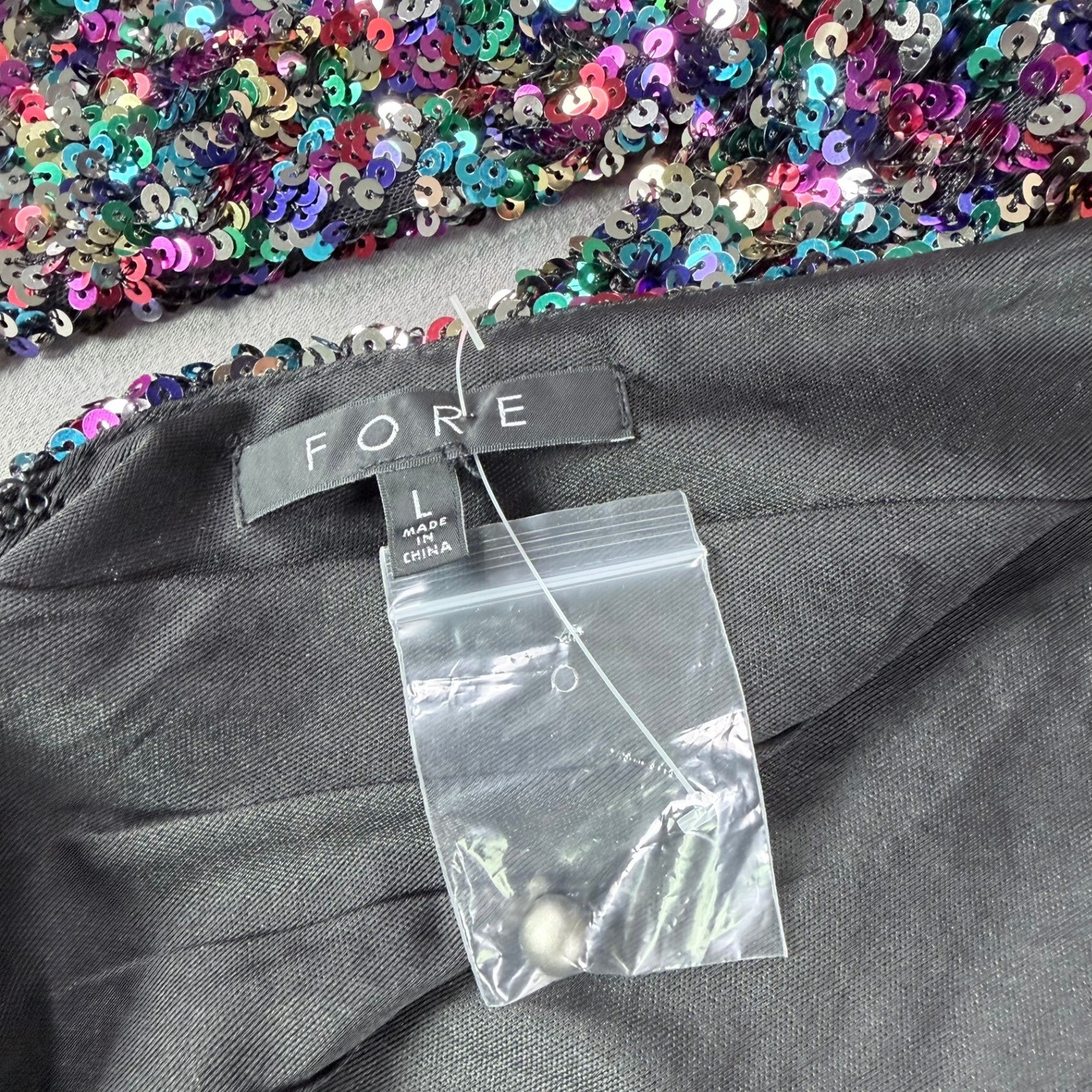 FORE Sequin Mini Dress Womens L Multicolor Open Back Long Sleeve Party Cocktail