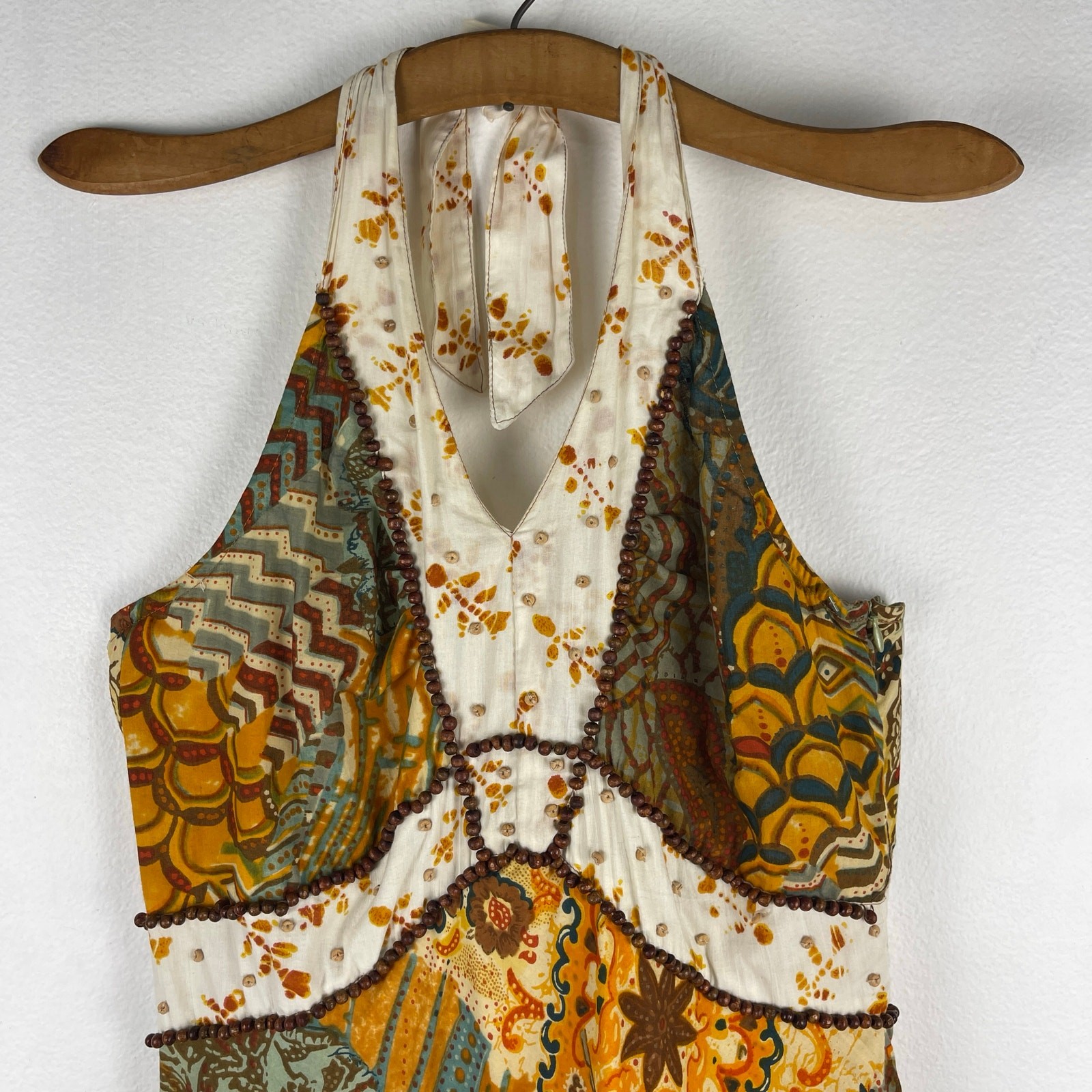 Alberto Makali Halter Cotton Brown Yellow Printed Beaded Boho Dress Women’s 8