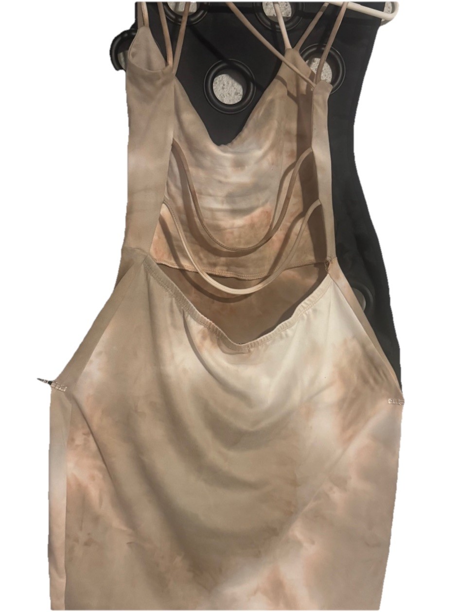 Windsor Beige/Brown Tie Dye Strappy Mini Bodycon Cowl Neck Dress S