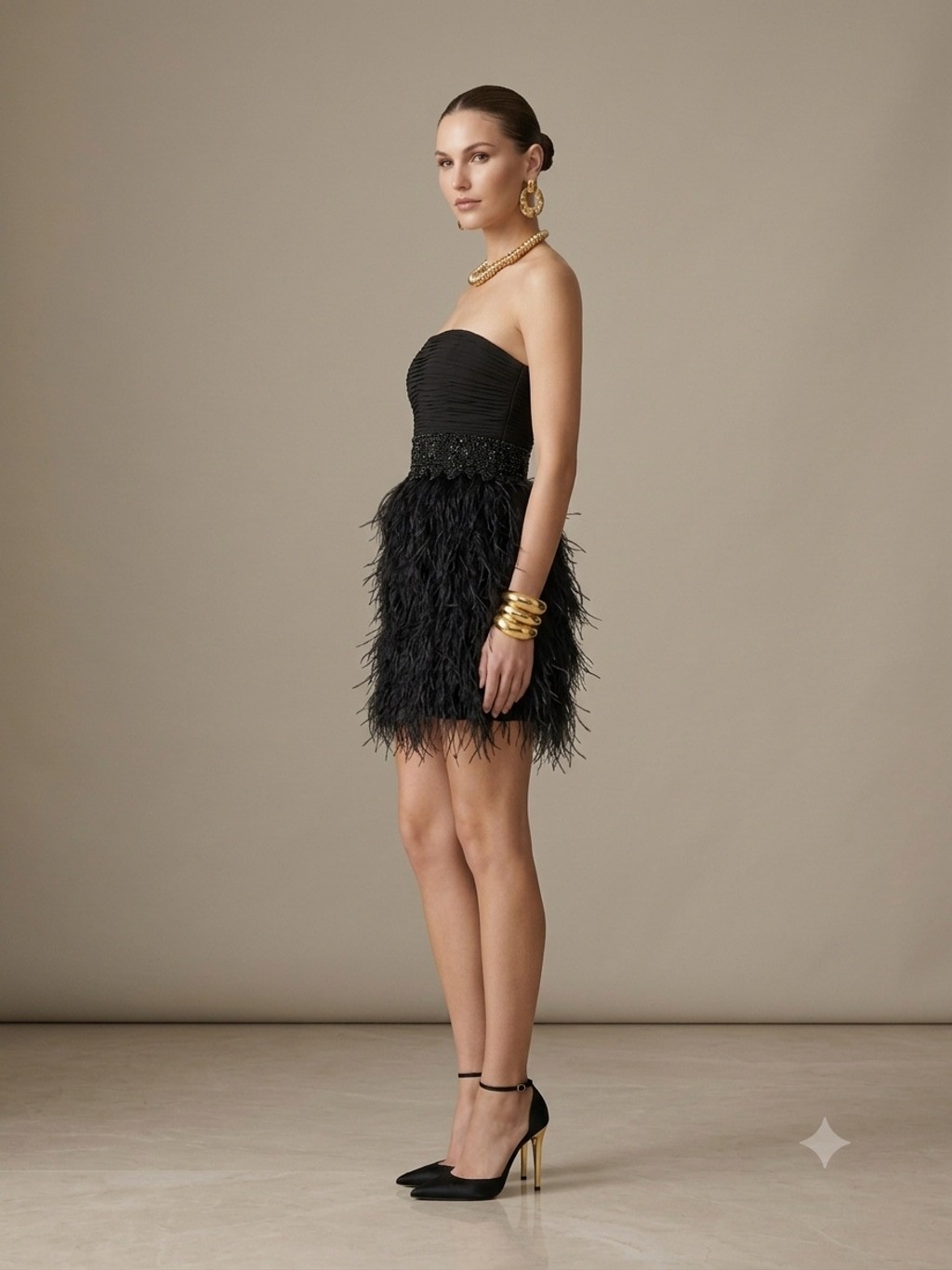 Sue Wong Black Silk Ostrich Feather Dress Beaded Cocktail Party Flapper Size 10