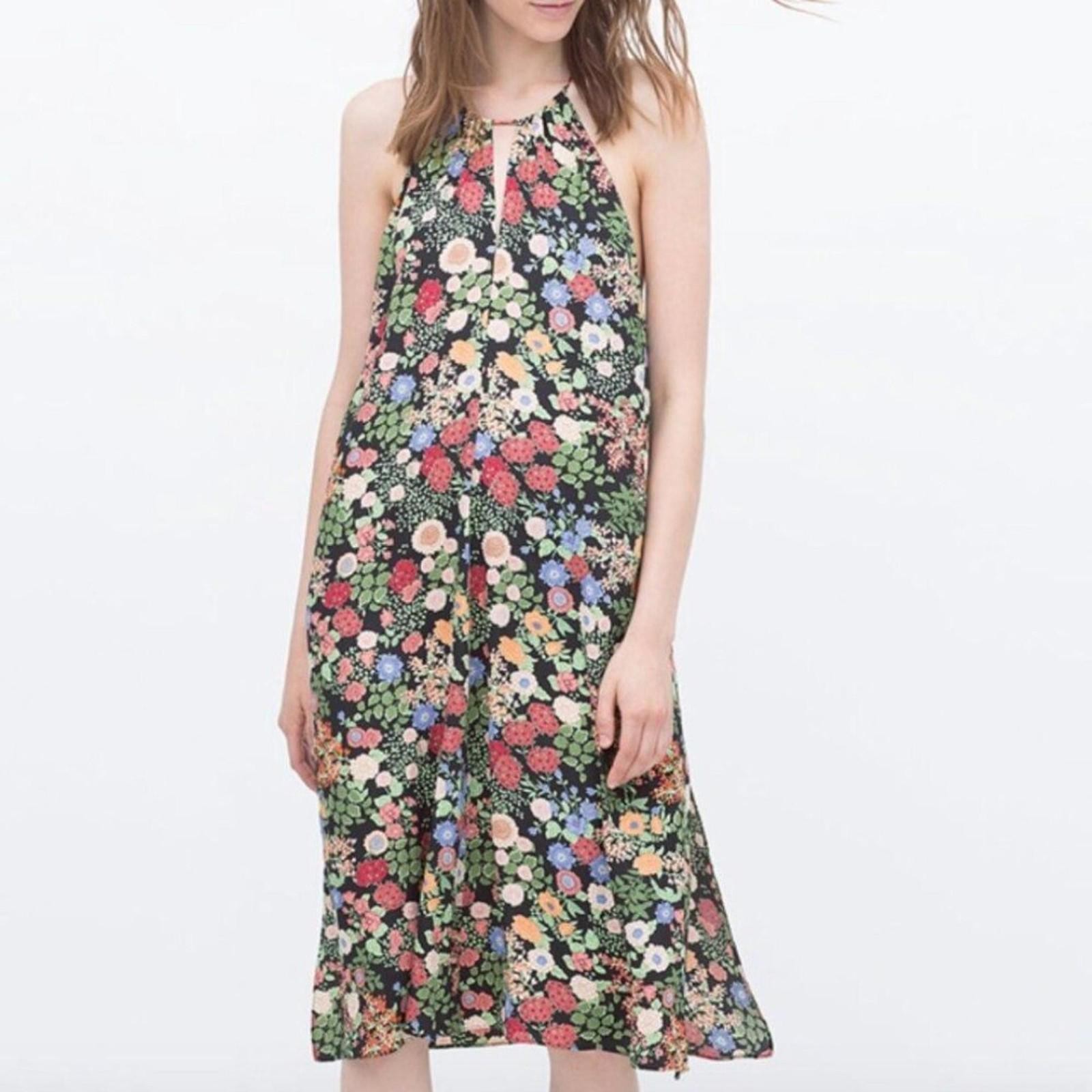 Zara Floral Dress halter racerback knee length womens XS colorful party