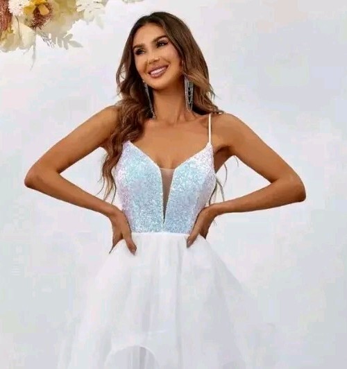 FAERIESTY womens white sequin embellished lace back ballgown dress size 12 prom