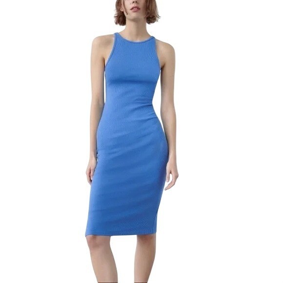 Zara Tank Dress Size Small Ribbed Sleeveless Bodycon Stretch Cotton Blend Blue