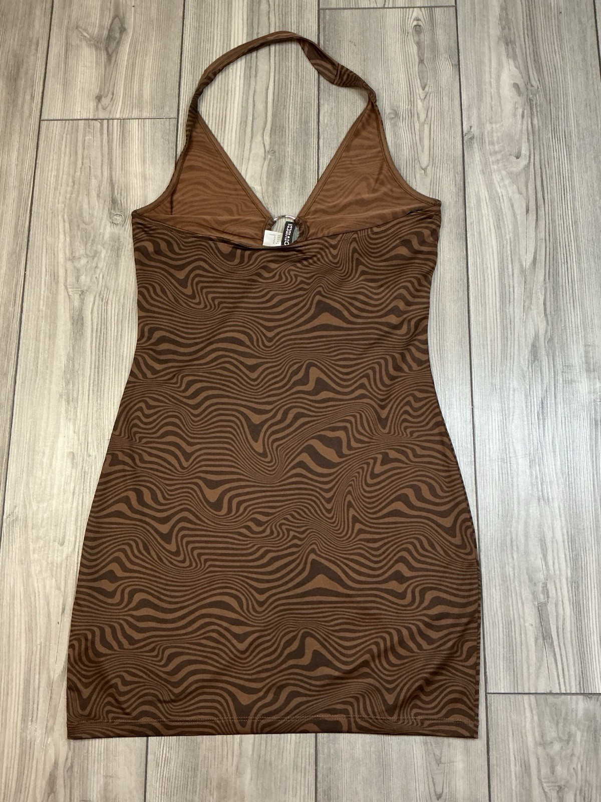 Y2K Brown Swirl Print Halter Mini Dress O-Ring Keyhole Bodycon Backless Club