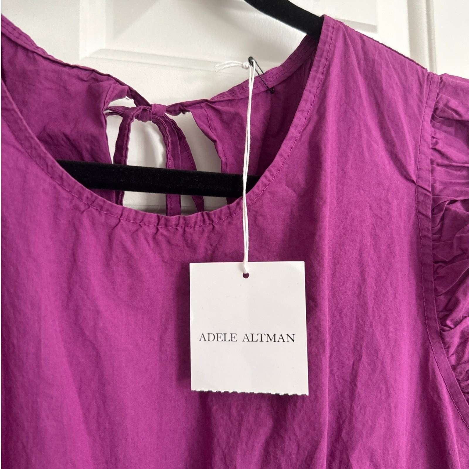 Adele Altman Italian Cotton Dress Size S/M Purple Ruffle Sleeve Tie Back NWT