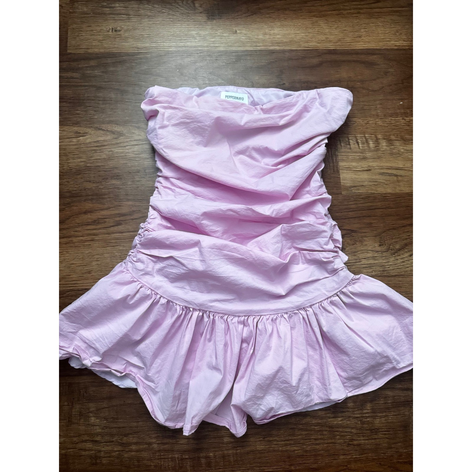 Peppermayo Pink Ruched Strapless Mini Dress Ruffle Hem Size US 6 M