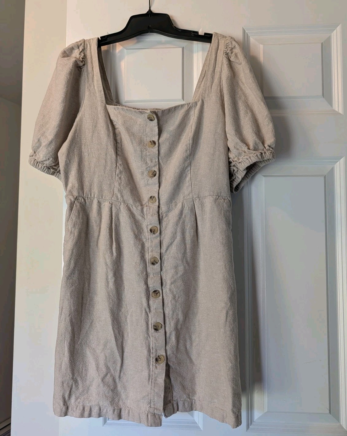 NEW Old Navy Linen Blend Mini Dress L Oatmeal Square Neck Puff Sleeve Smocked