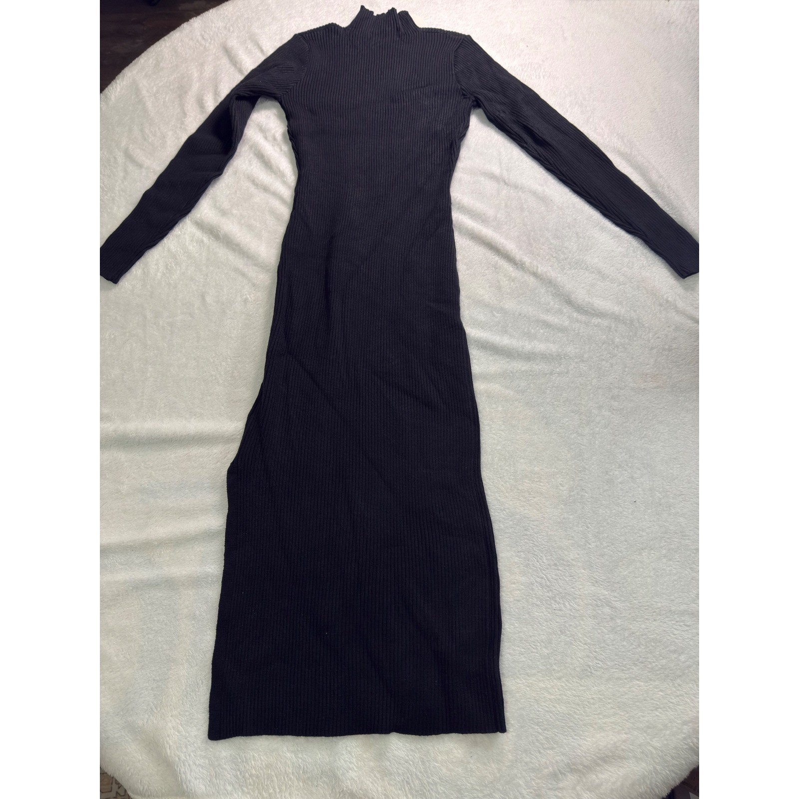 Anrabess Black Ribbed Mock Turtleneck Long Sleeve Midi Dress Knit Small