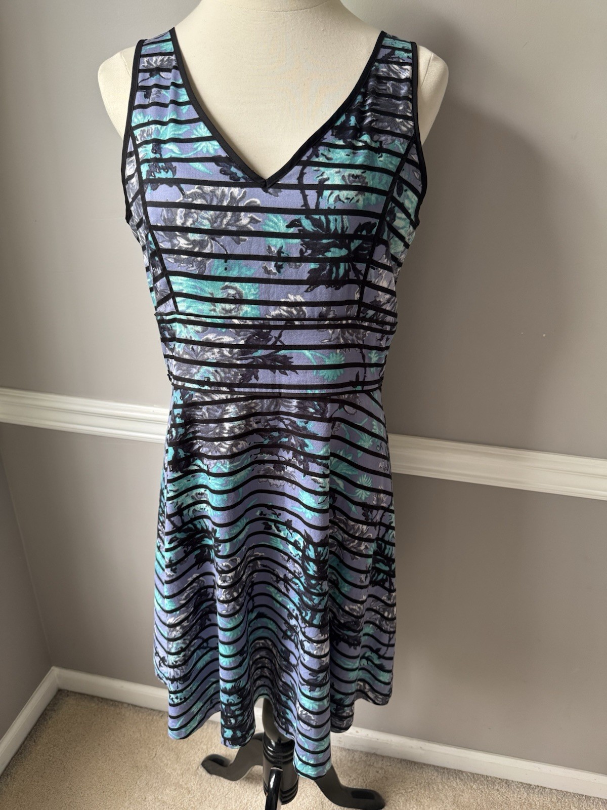 LOFT Women’s Blue Black Abstract Fit & Flare Jersey Stretch Lace Dress 10