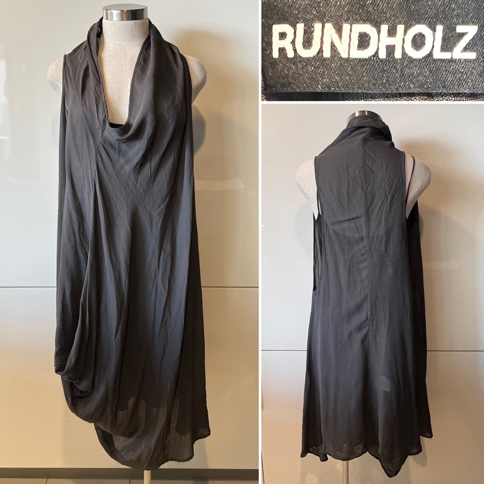 RUNDHOLZ Grey 52% Viscose/48% Linen Asymmetrical Overlay Dress S/10Aust-UK/6US