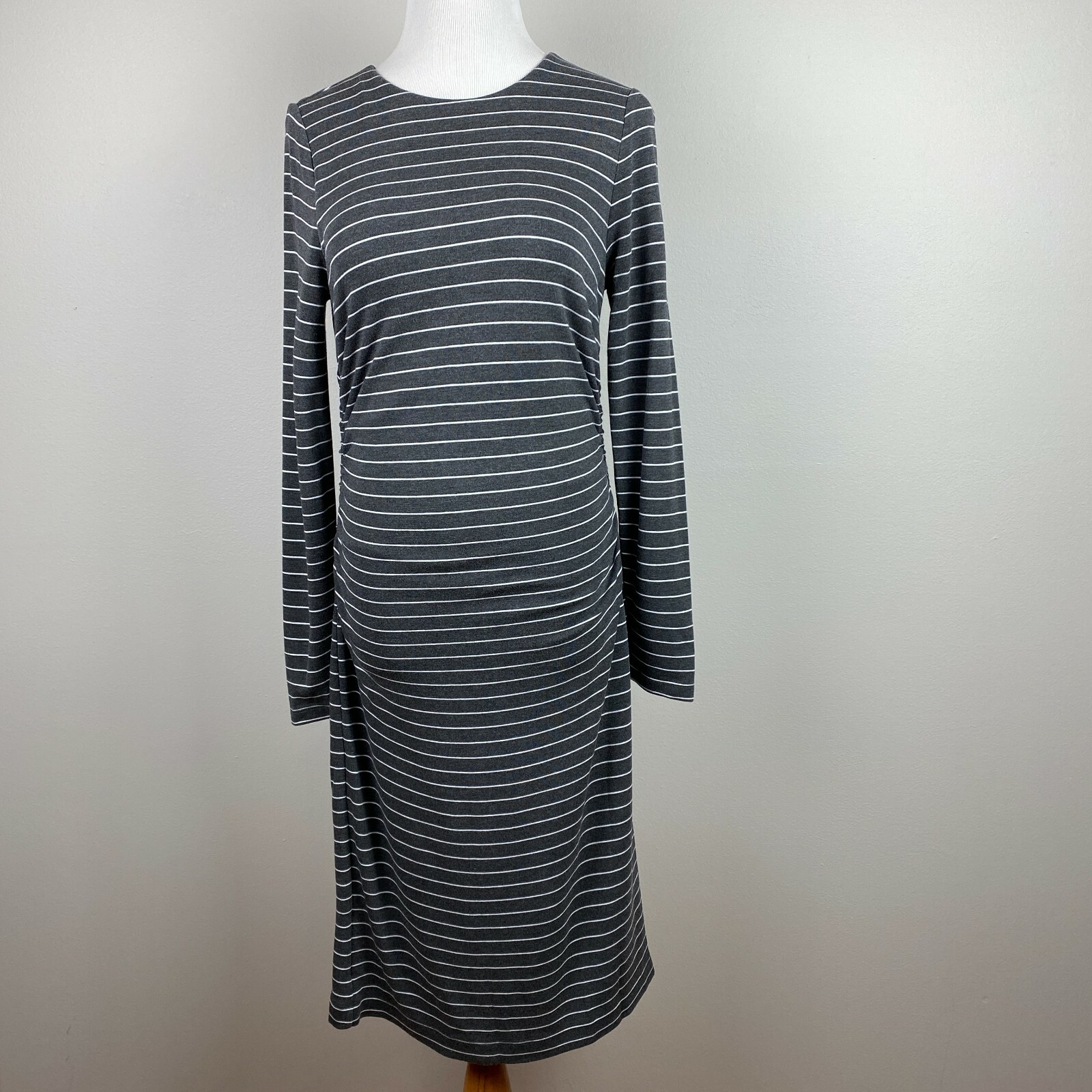 Ann Taylor Dress Small Gray White Stripe Sheath Ruched Waist Long Sleeve Career