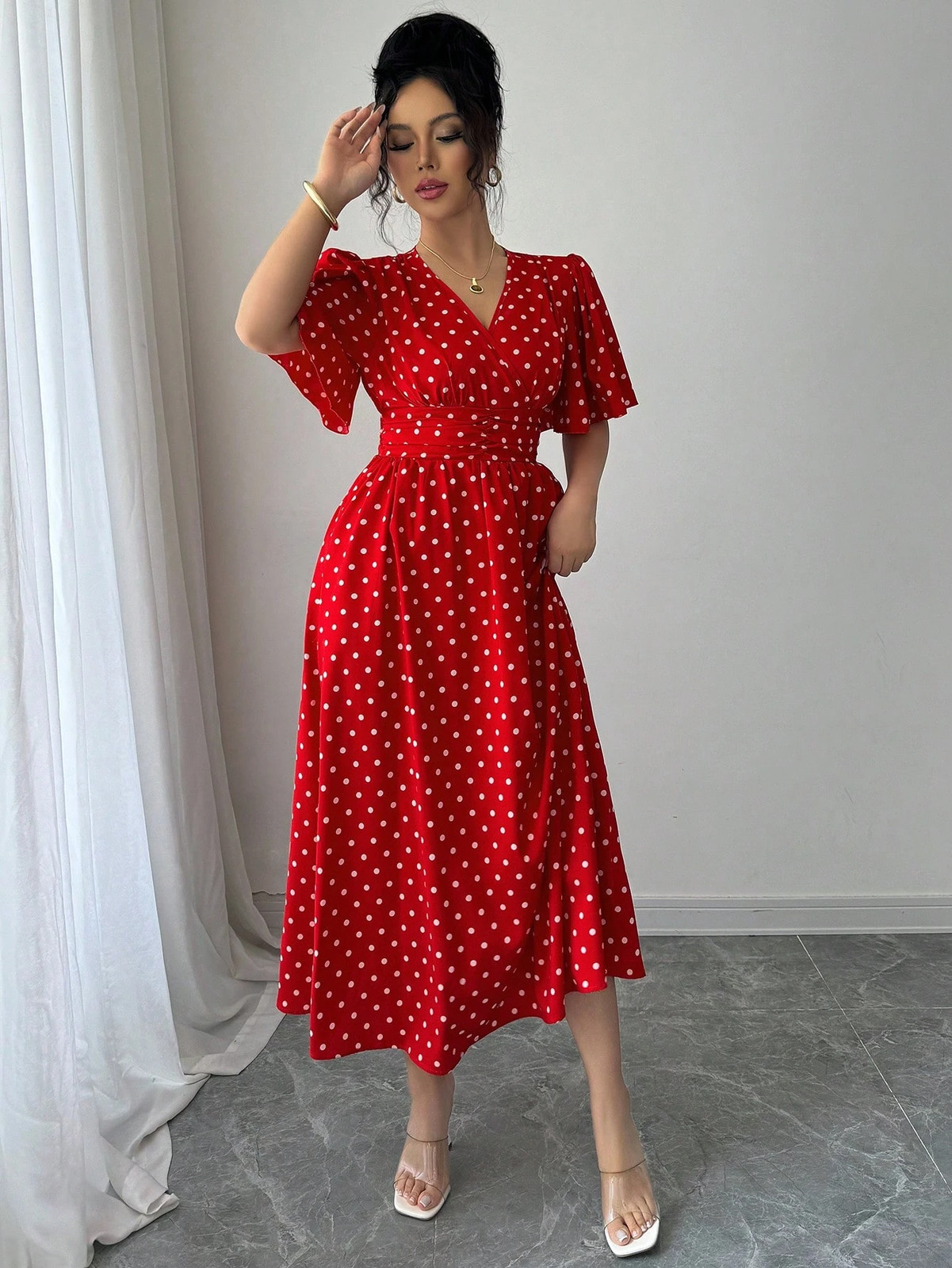 Elegant Polka Dot Pattern V Neck Midi Dress