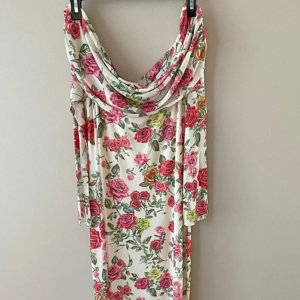 Anthropologie AFRM Off-The-Shoulder Maxi Dress Pink Roses Body-Con NWT