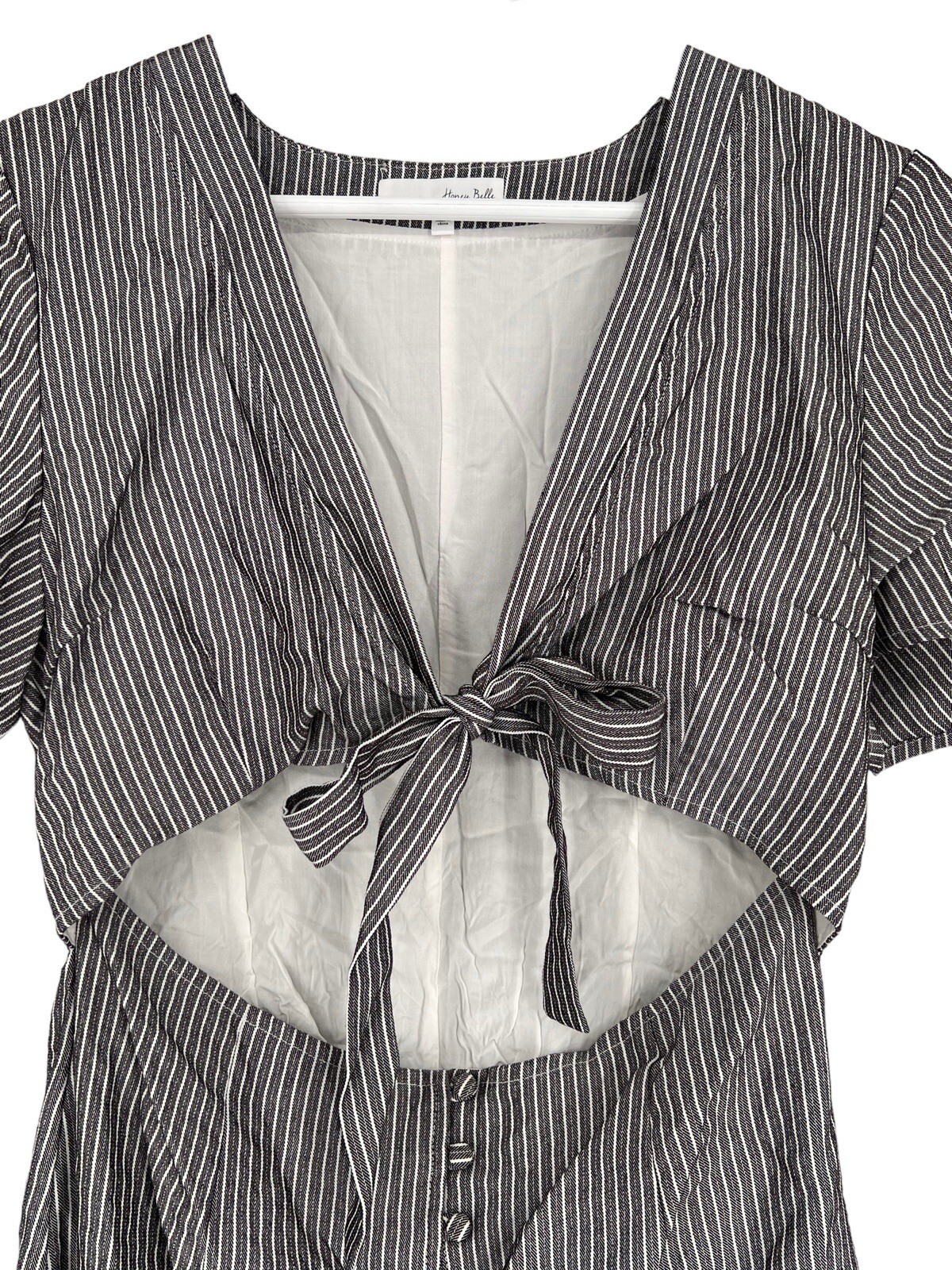 Honey Belle Tie Front Dress Size M Gray White Striped S/S Split Sleeve V-Neck