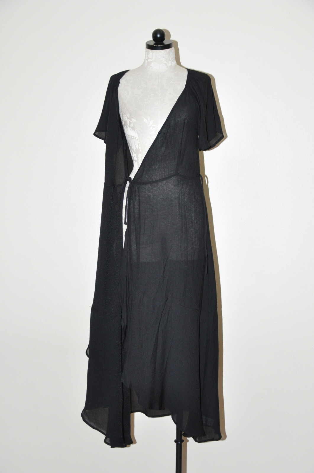 Lush Black Cotton Gauze Sheer Plunging Neckline Long Maxi Wrap Dress LBD Women M