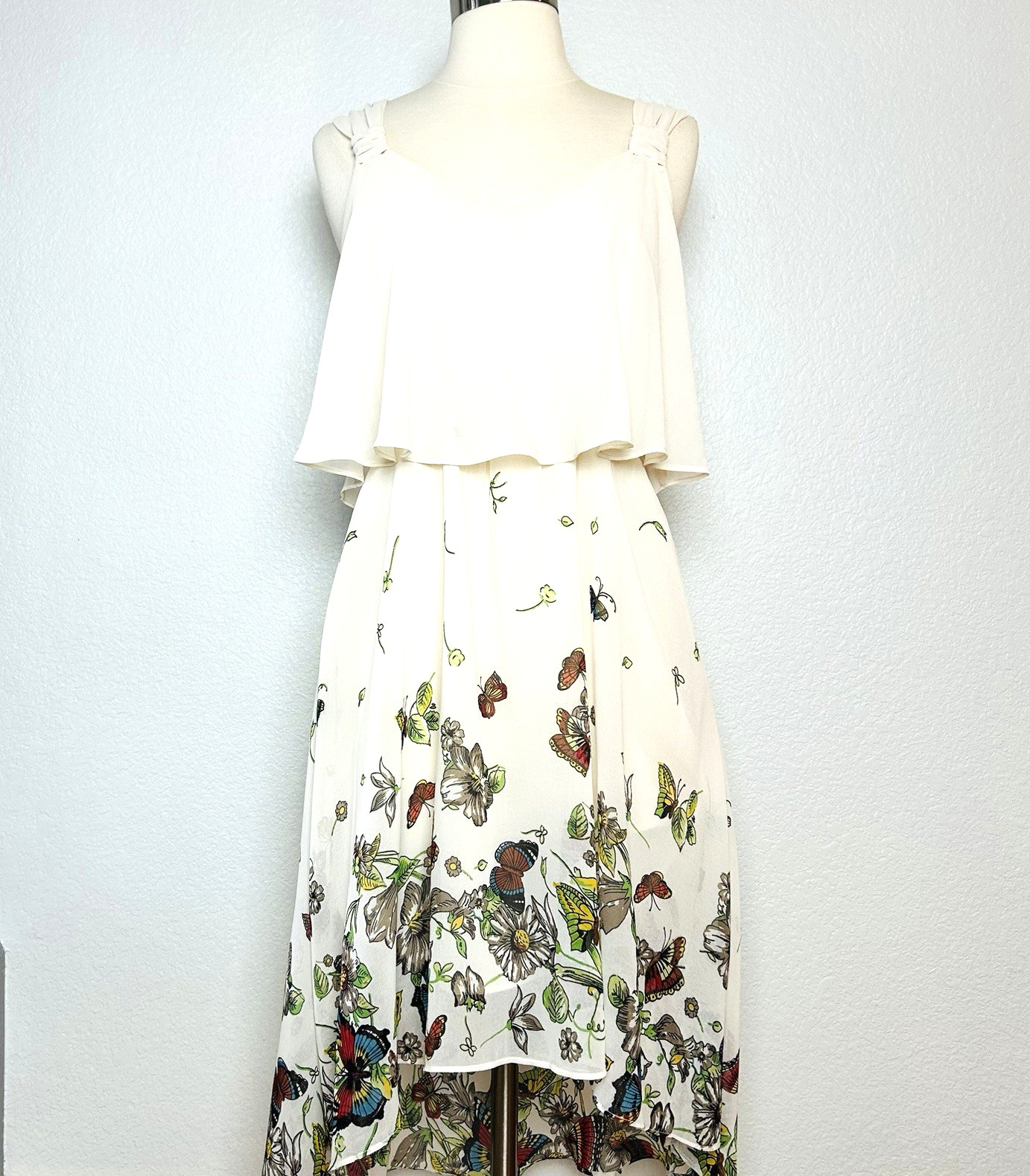 Forever 21 Hi-Low Dress Womens S Ivory Chiffon Floral Butterfly Empire Waist