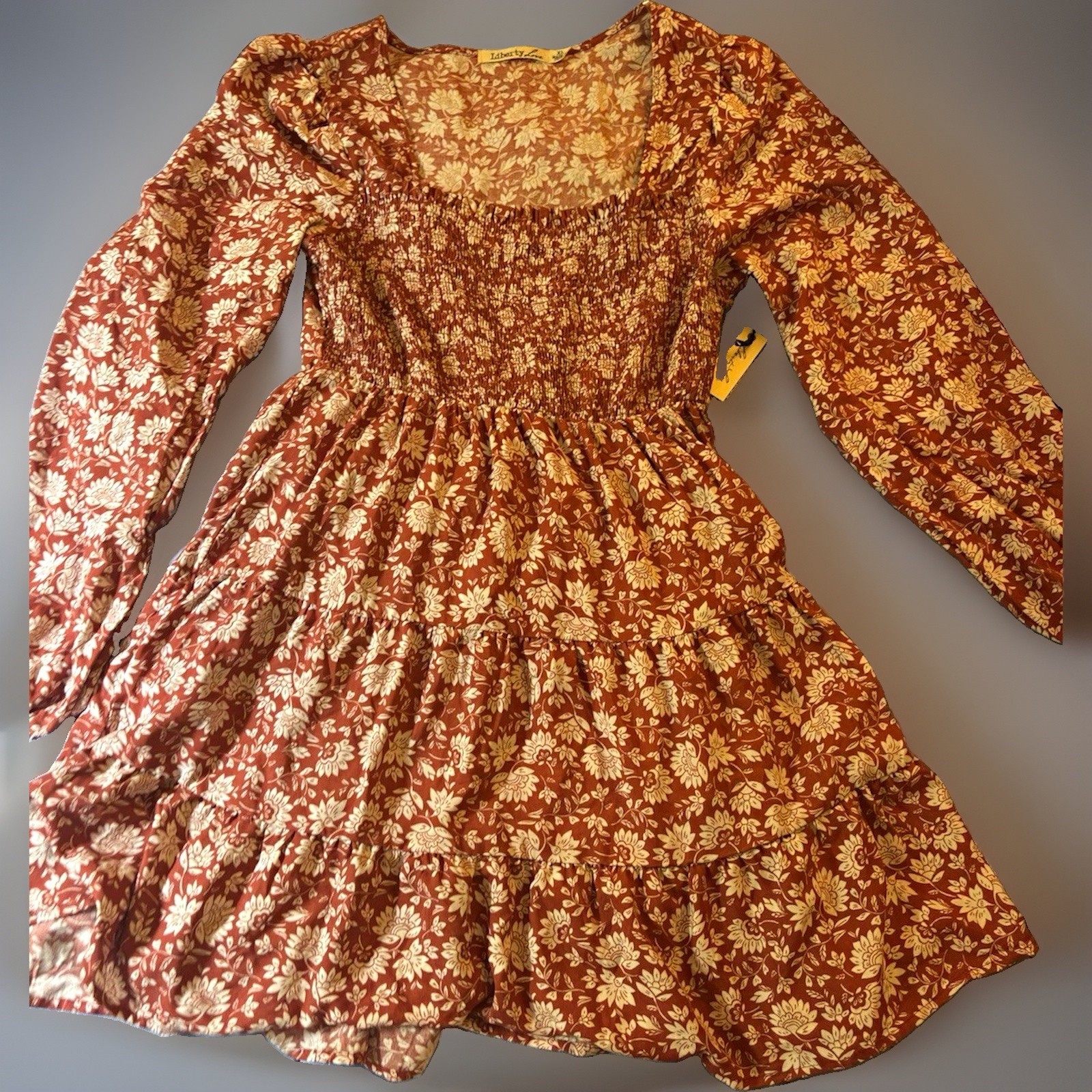 Liberty Love Women’s Brown White Floral Square Neck Long Sleeve Smocked Mini M