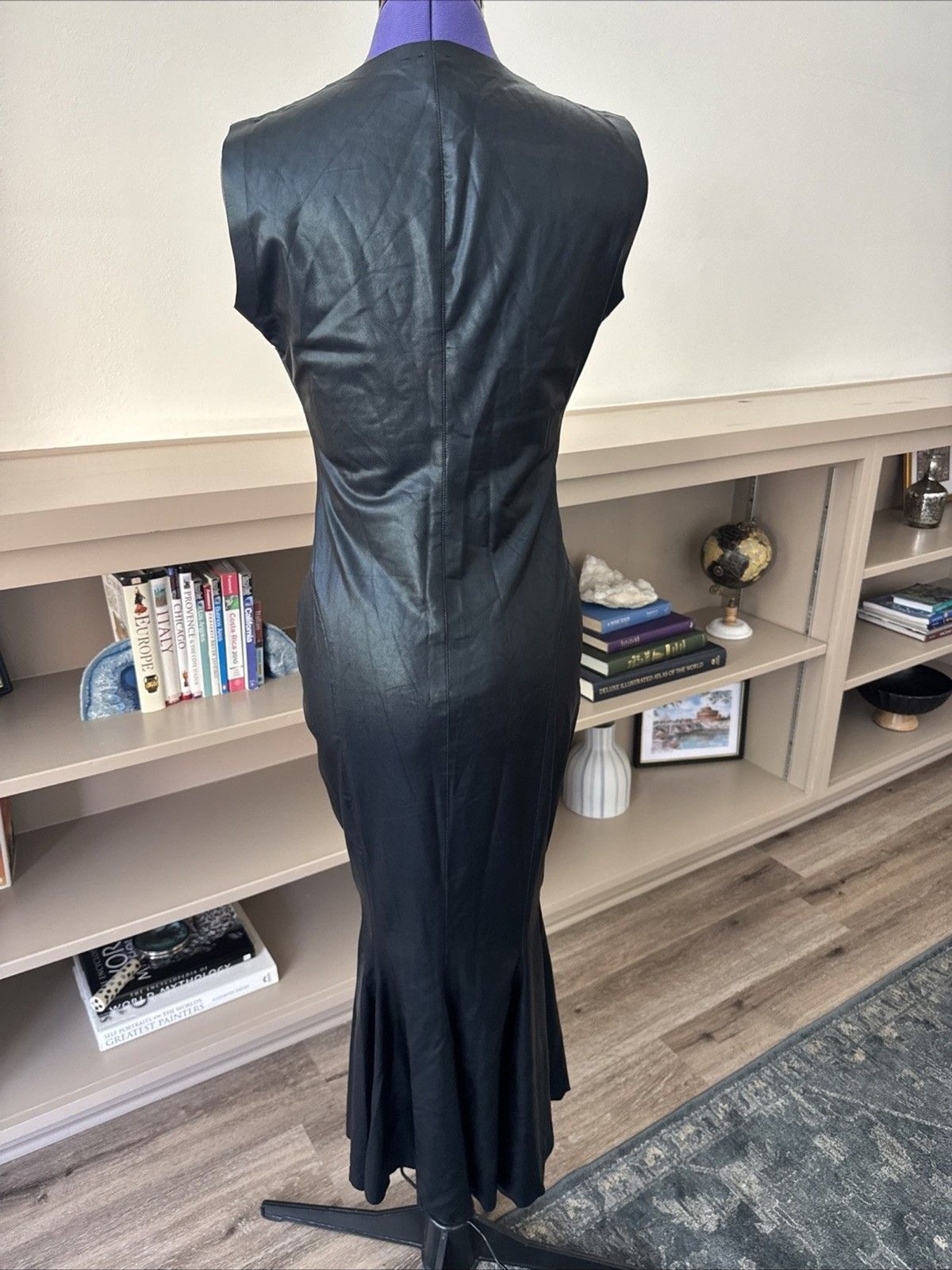 Norma Kamali Black Fishtail Midi Dress Women M Sleeveless Sheen Evening