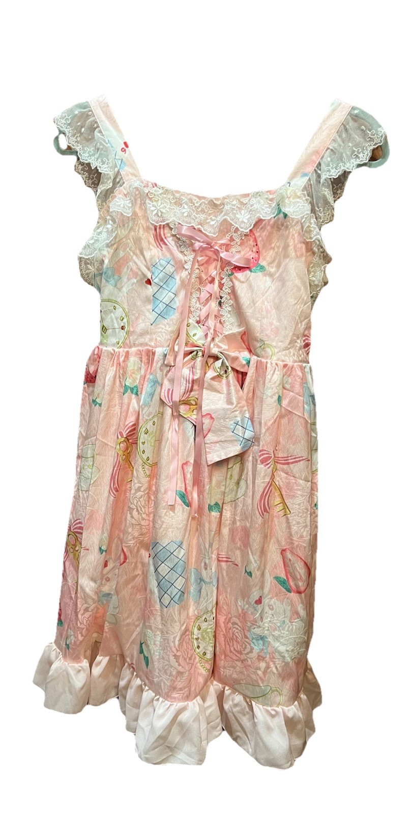 Lolitimes Dress Large Alice in Wonderland Pink Satin Bows Lace Women’s L