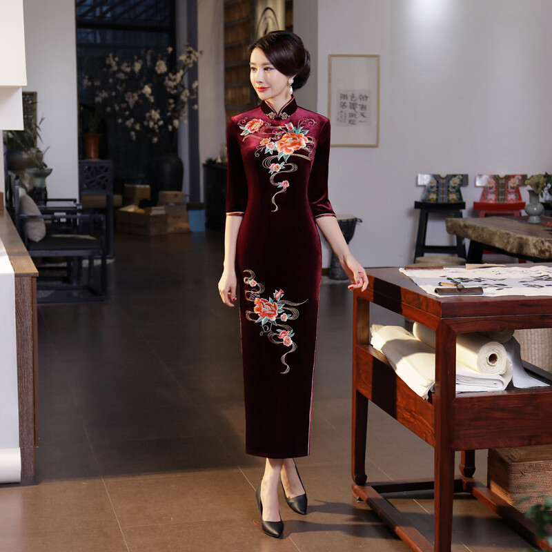 2024 Autumn Winter Qipao Dress Chinese Velvet Cheongsam Women Stage Show Costume