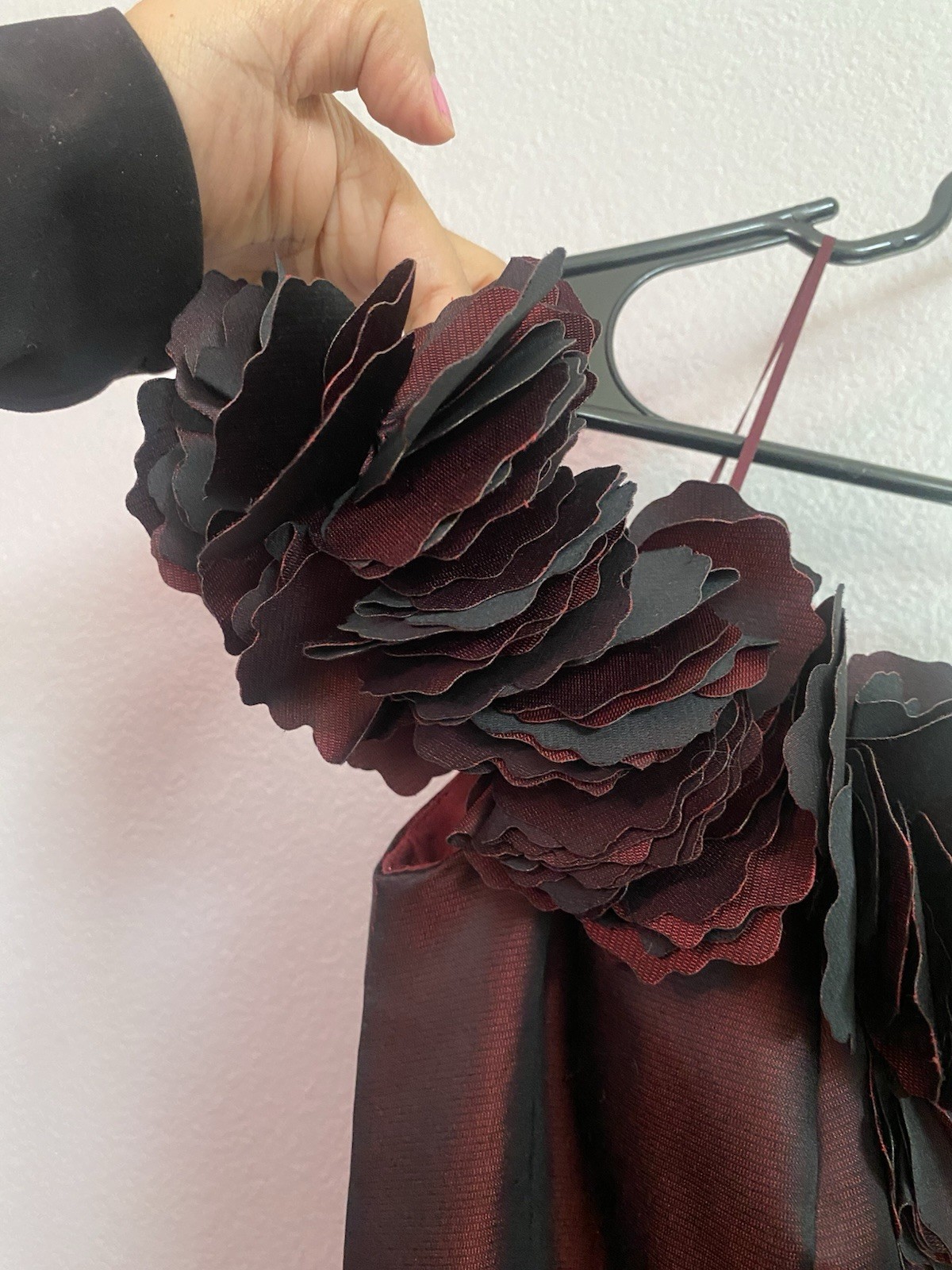 Teri Jon Burgundy/Black Satin A-Line Midi Dress Sweetheart Ruffle Straps 2
