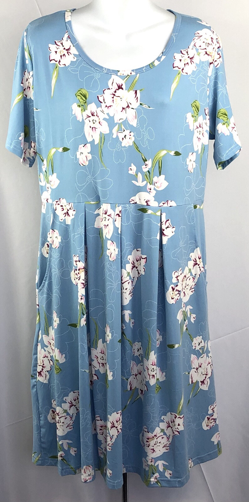 Nwt Auselily Dress XL Blue Floral Shift Pleated Pockets Country Cottage Summer