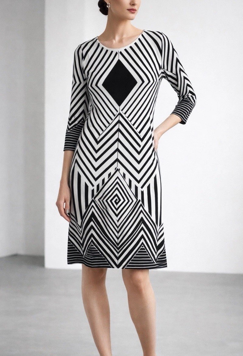 Tiana B Bold Geometric Print Dress Womens Large 3/4 Sleeve Stretch Shift Midi