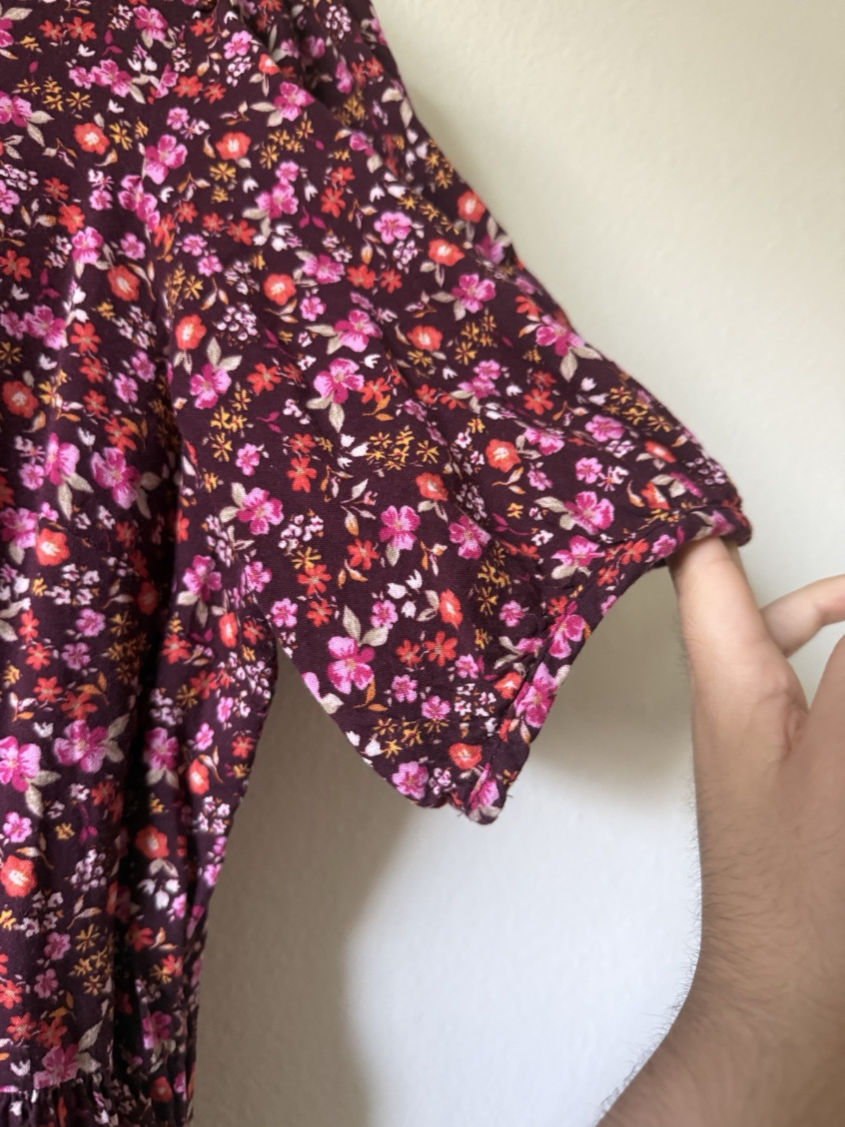 Old Navy Burgundy Floral Round Neck Puff Short Sleeve Button Front Midi XL