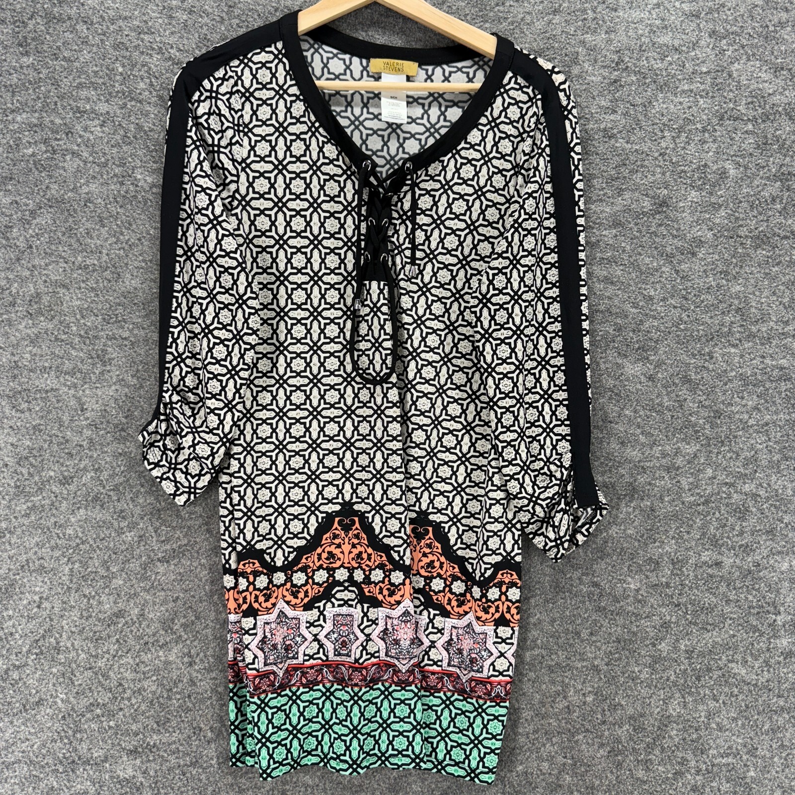 Valerie Stevens Dress Women S White Geometric Shift Midi V-Neck Tasseled