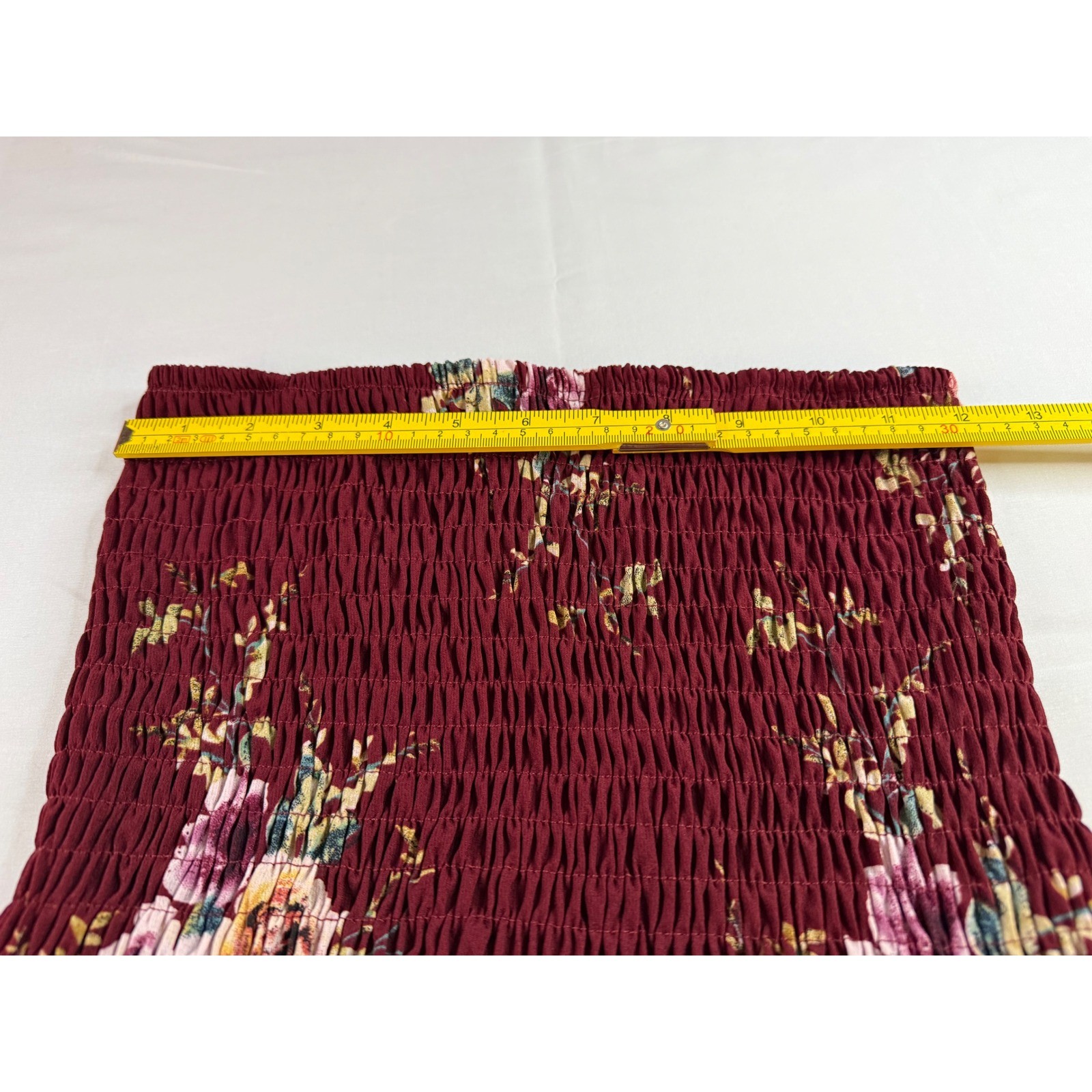 Burgundy Floral Smocked Strapless High Low Maxi Dress Wine Boho Tulip Hem
