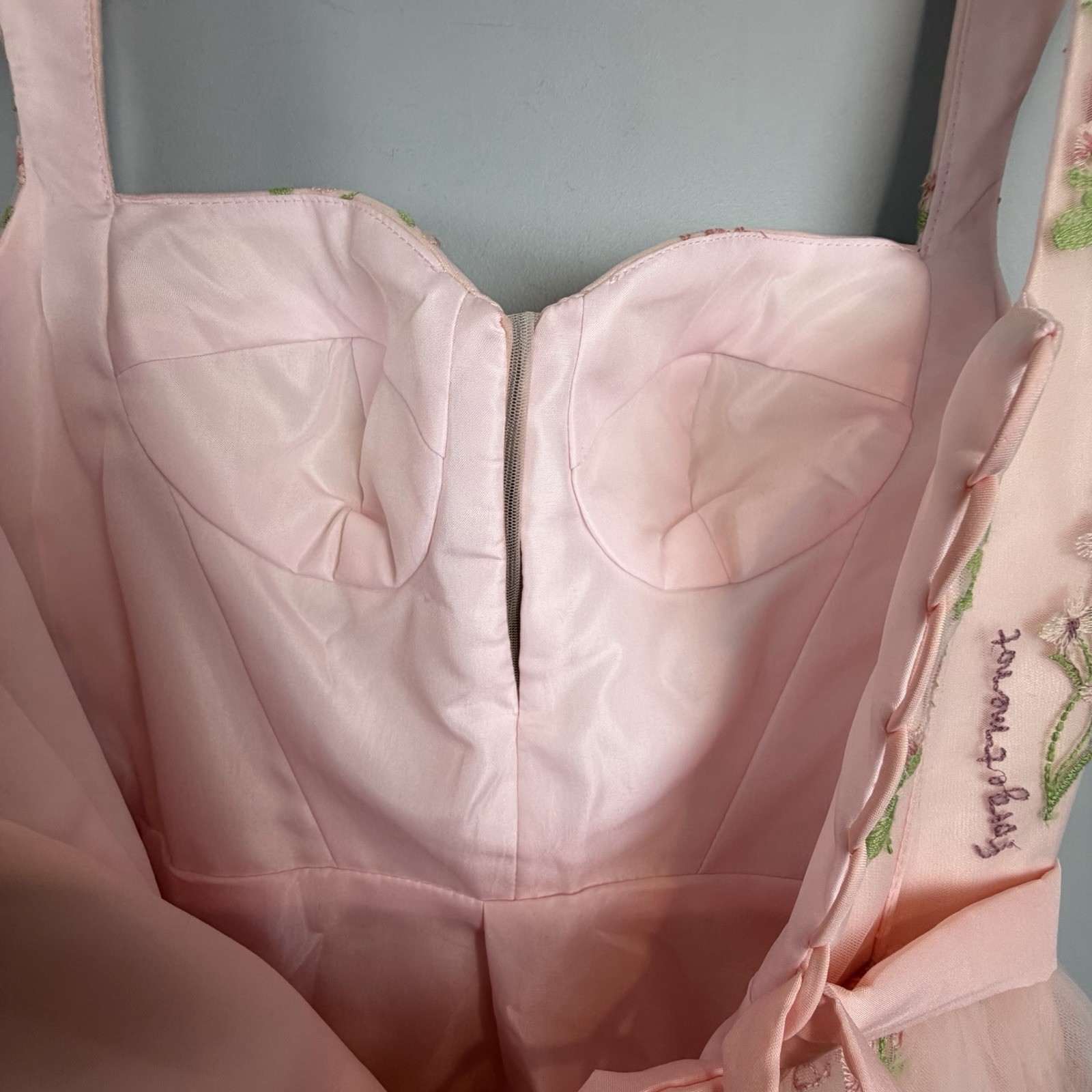 Pink Tulle Mini Dress Fairycore Lace-Up Corset Romantic Embroidered Floral Sz 8