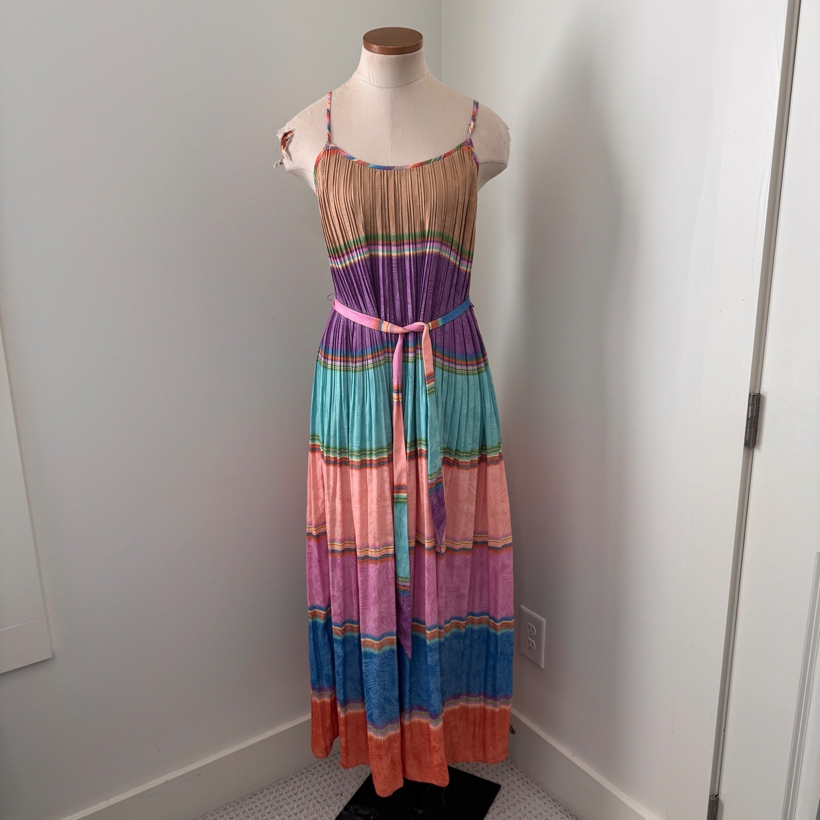 Current Air Small Rainbow Stripe Pleated Maxi Dress ~ Boho Flowy Beach
