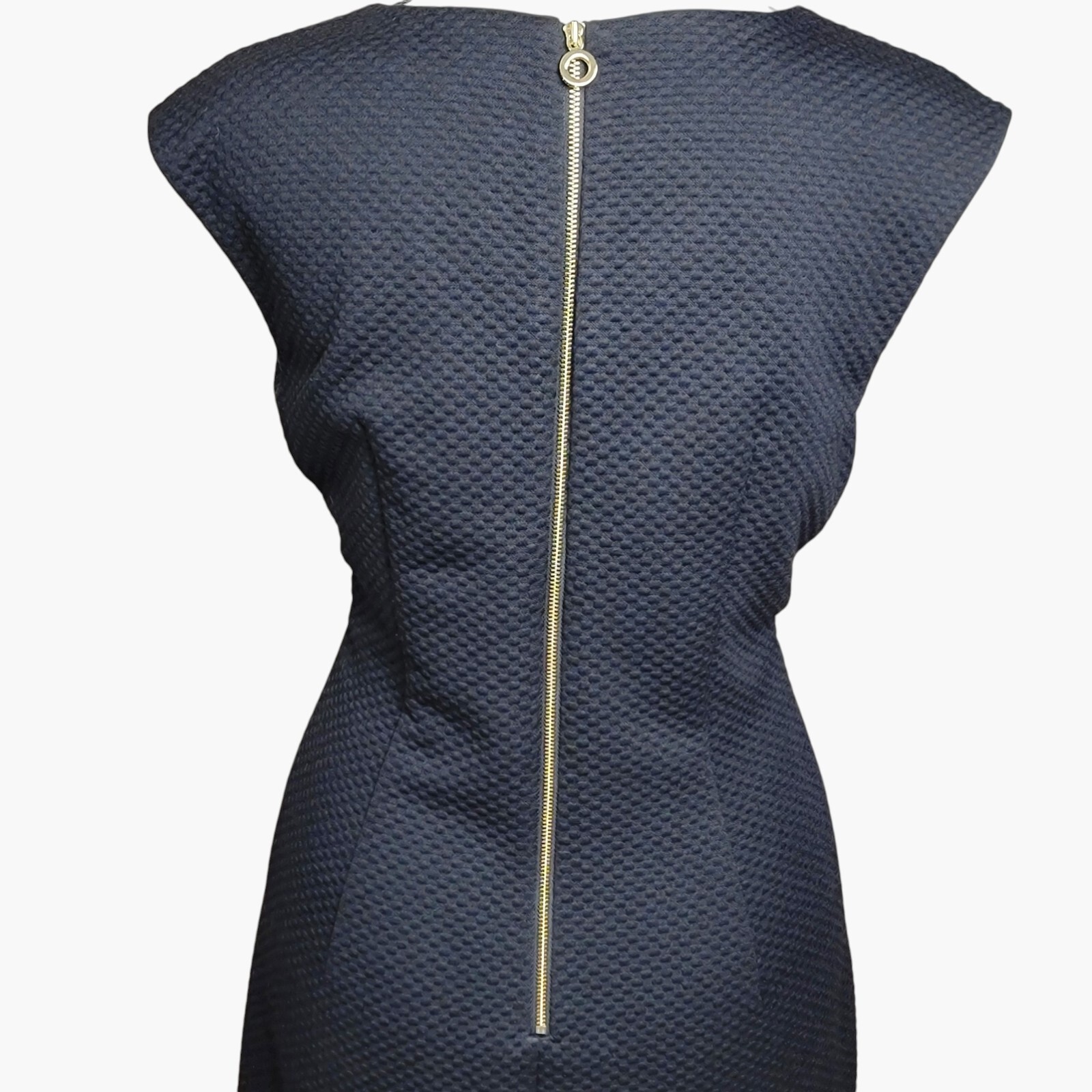 Calvin Klein Black Sheath Dress with Textured Fabric and Gold Zipper Accents