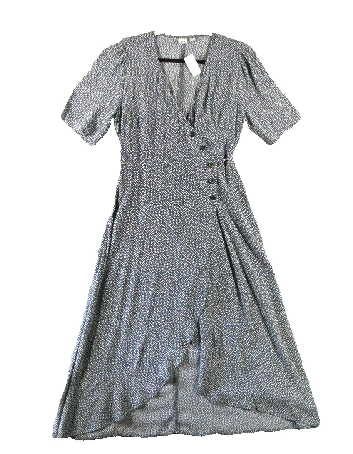 GAP Womens M Navy Blue White Polka Dot Wrap Midi Dress Puff Sleeve Belted V Neck