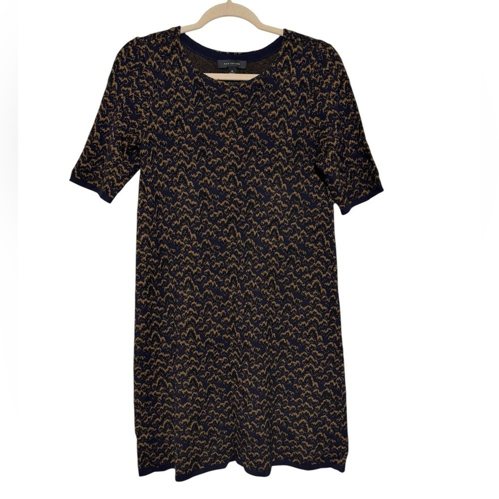 Ann Taylor Wool Cashmere Blend Sweater Dress Size M Navy Blue Brown Sheath Fall
