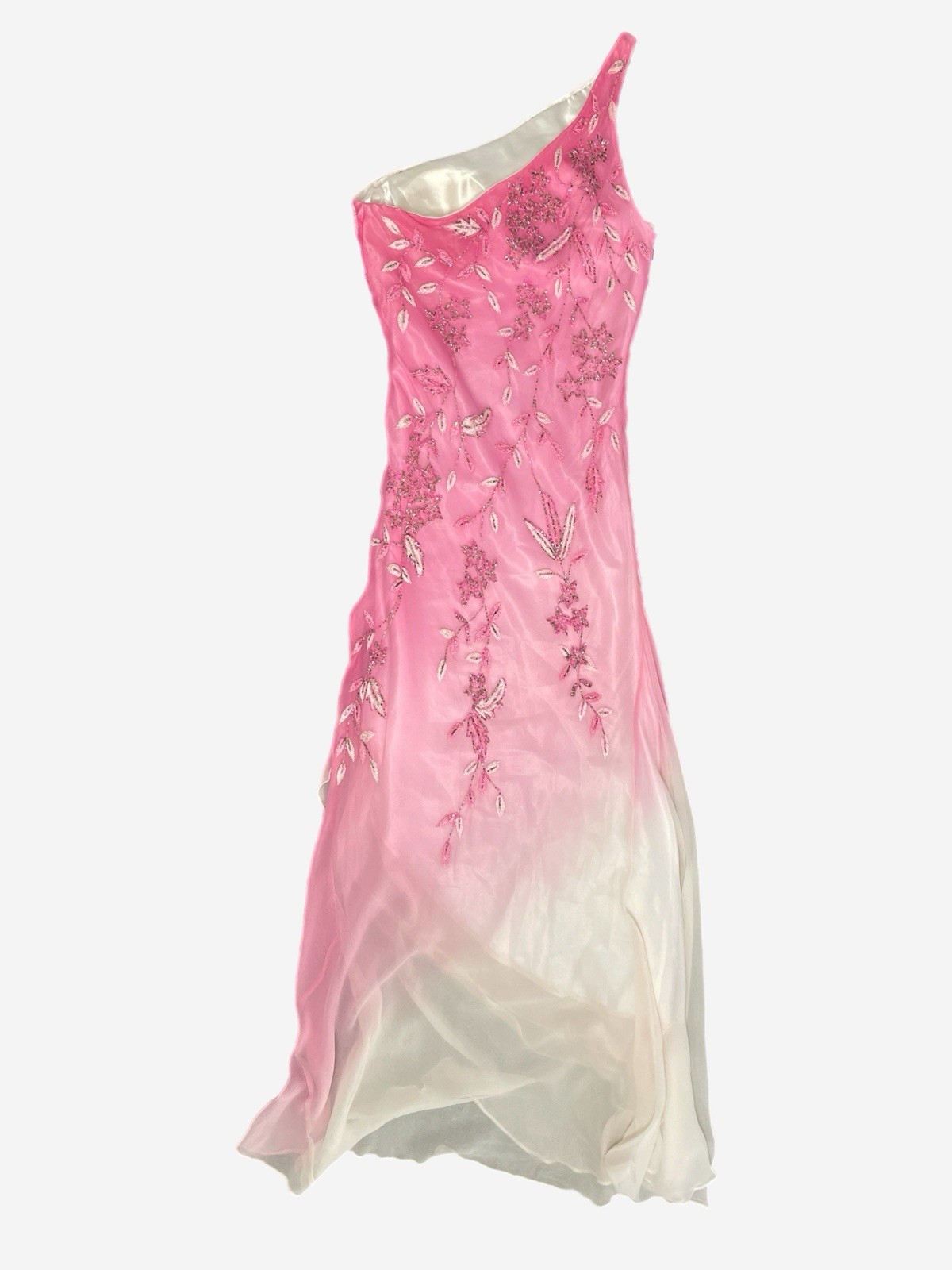 Vintage Y2K Cache Pink white silk ombre floral beaded asymmetric dress fairy XS