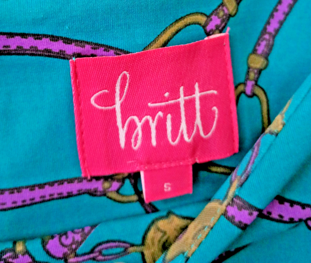 Britt by Britt Ryan Equestrian Shift Dress Horse Bit & Bridle Print Aqua Small